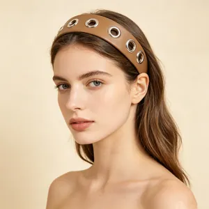 Fashion brown PU leather headband with silver grommets for women hair accessories
