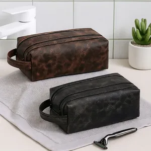 Men Toiletry Bag Vintage PU Leather Waterproof Large Capacity Travel Wash Organizer Case With Double Zipper And Handle