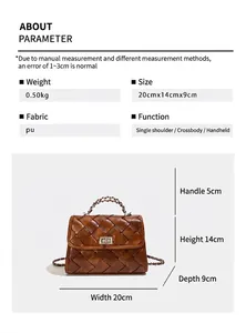 Schéma détaillé des dimensions du sac à main rétro en cuir PU tressé, taille 20x14x9cm