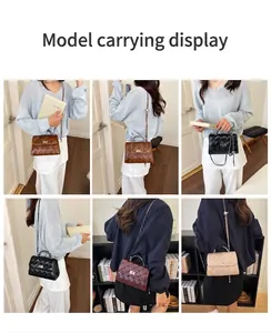 Sacs à main carrés matelassés élégants présentés en plusieurs couleurs sur un mannequin.