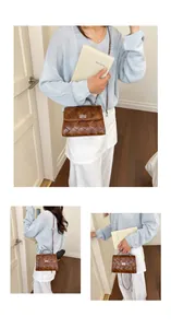 Vues détaillées d'un sac à bandoulière rétro en cuir tressé marron sous plusieurs angles.