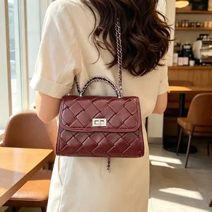 Sac Seau pour Femmes en PU Texture Litchi Simple Boucle à Cabillots en Bambou Sac à Bandoulière Sac à Main Cabas Décontracté