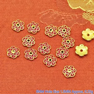 Detail of 8mm red enamel flower spacer beads with 1.5mm aperture for DIY jewelry making.