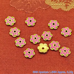 Detailed view of 8mm pink and green enamel flower alloy spacer beads for DIY jewelry
