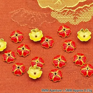 Detailed view of 9mm red enamel alloy flower bead caps with 1.5mm hole for DIY jewelry