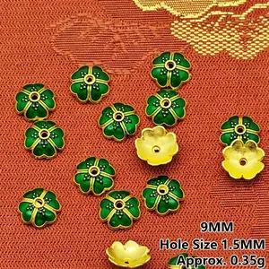 Detailed view of 9mm green enamel flower bead caps with 1.5mm aperture for DIY jewelry