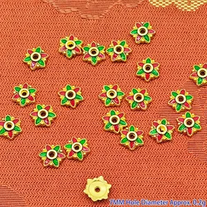 Detail of 7mm flower-shaped alloy beads with red and green enamel drip oil