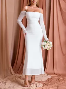 Elegant white ruched slim fit midi dress featuring off-shoulder mesh long sleeves for women