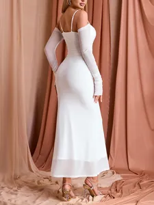 Detail of white mesh long sleeve off-the-shoulder bodycon dress with ruched back