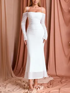Elegant white ruched mesh long sleeve off-the-shoulder bodycon maxi dress for women