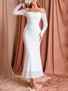 Elegant off-the-shoulder white mesh ruched long dress with slim fit mermaid silhouette