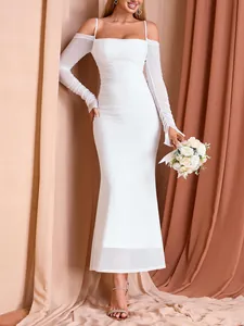 Elegant white mesh long sleeve off-the-shoulder maxi dress with ruched bodycon design details