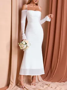 Full-length view of white ruched mesh off-the-shoulder dress with elegant draped background