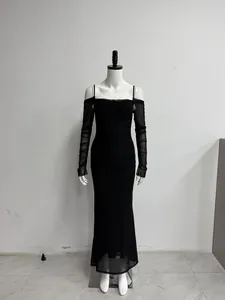 Elegant black mesh off-the-shoulder long sleeve maxi bodycon dress for women