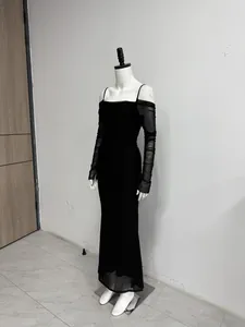Detailed display of a black off-the-shoulder mesh long sleeve bodycon maxi dress