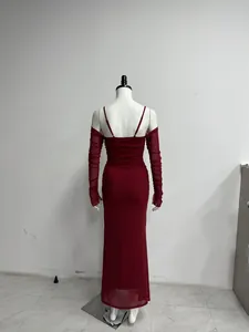 Back view of wine red mesh long sleeve off-shoulder maxi dress with elegant ruched details