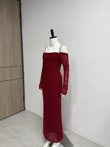 Elegant deep red mesh long-sleeve off-shoulder maxi dress featuring ruched bodycon design