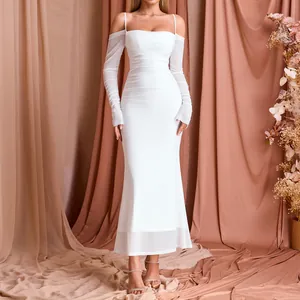 Elegant white long-sleeved off-the-shoulder pleated bodycon maxi dress with thin straps