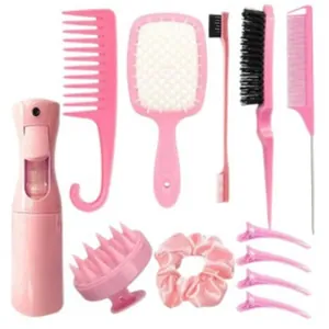 12-teiliges rosa Frisierkamm-Set mit Sprühflasche, Scrunchie und Profi-Haarklammern