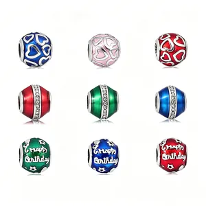 316L Stainless Steel Large Hole Charms Beads For DIY Bracelet Enamel Heart Birthday Pattern Rhinestone Jewelry Making Finding