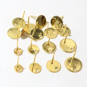 Gold-plated stainless steel round earring stud findings with hole for DIY jewelry making