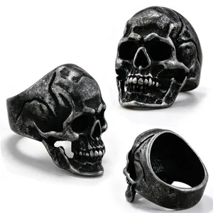 Retro Skull Ring Stainless Steel Vintage Punk Gothic Biker Style Distressed Silver Color Men Jewelry