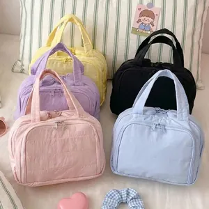 Quilted Makeup Bag Soft Cotton Portable Travel Organizer Large Capacity Macaron Color Pouch Handheld Beauty Case For Women