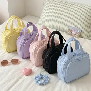 Soft macaron colored quilted cotton makeup bags for portable travel storage and organization