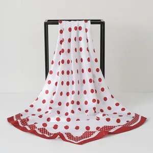 Elegant 90x90cm square satin silk scarf with red polka dots and decorative borders
