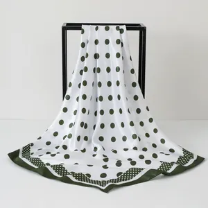 Elegant white satin square silk scarf featuring dark green polka dots and border