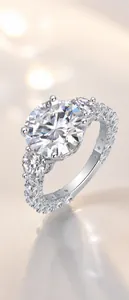 Close-up of a sparkling S925 sterling silver ring set with brilliant moissanite.