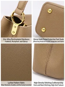 Detailed macro views of leather bucket bag showing hardware, texture and stitching quality