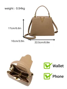 Elegant taupe leather handbag with gold V logo and dimensions shown