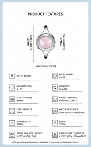 Detailed product specifications for KLOSON silver bangle watch with a pink dial.
