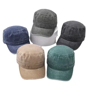 Set of vintage washed cotton military cadet caps for men in five classic solid colors