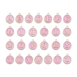 Full set of 26 pink enamel A-Z alphabet charms with rose gold finish for DIY jewelry making