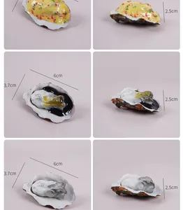 Detail view showing three realistic PVC oyster models with 6cm and 3.7cm size dimensions