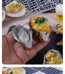 Detailed view of realistic PVC simulation oyster toy model with garlic topping