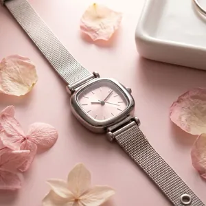 Detailed view of an elegant square silver mesh strap watch with pink sunburst dial.