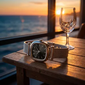 Elegant square women's watch with mesh band displayed in a beautiful sunset seaside setting