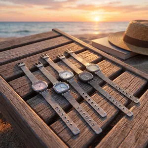 Detailed view of five elegant square mesh-band women's watches on a beach at sunset