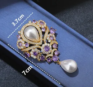 Detailed view of vintage violet crystal teardrop pearl brooch with size 7x3.7cm