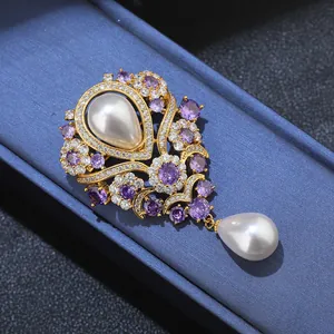 Elegant French vintage violet waterdrop pearl brooch with crystals for coats and dresses