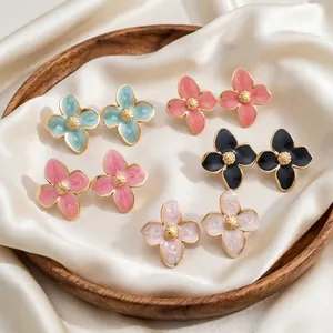 Boucles D'oreilles Fleurs Acier Inoxydable Émail Huile Style Français Vintage Pétale Bijoux Pour Femmes