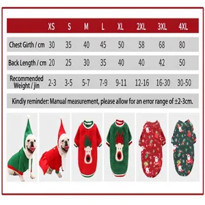 Comprehensive size chart for pet Christmas dog sweaters with chest and length measurements