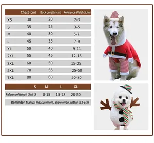 Christmas pet clothes size guide detailing bust and back length for all dog sizes