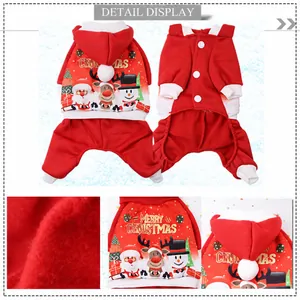 Detailed view of red Christmas dog outfit with reindeer print and warm fleece lining