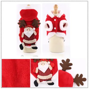 Detailed view of red plush dog Christmas outfit with Santa patch and reindeer antlers.