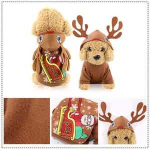 Detailed view of Christmas reindeer dog hoodie showing plush fabric and Santa sleigh print