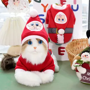 Close-up of a cat wearing a festive red Santa Christmas costume hoodie with a beard